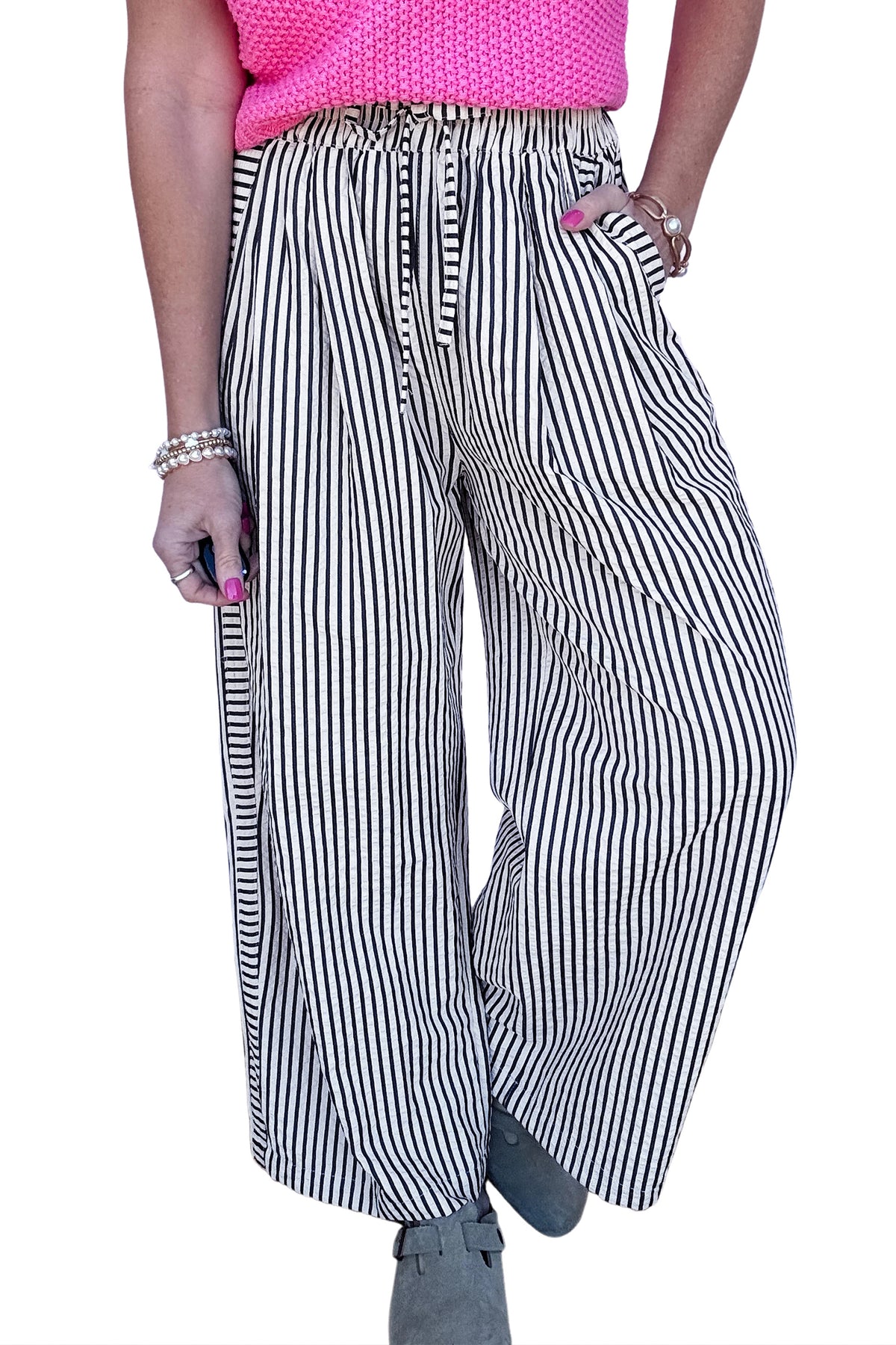 Black Stripe Wide Leg Casual Pants