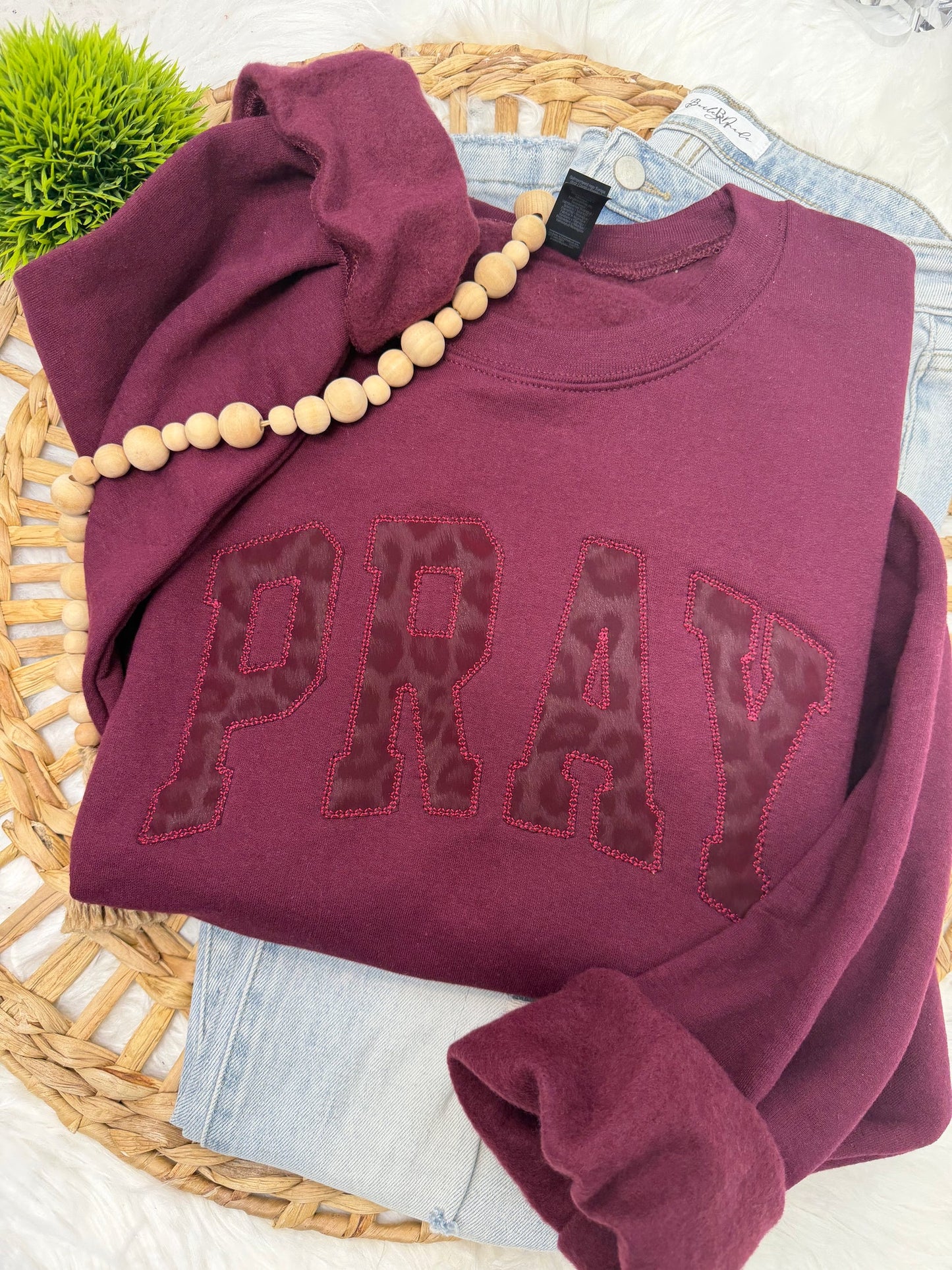 PREORDER: PRAY Faux Leather Leopard -EMBROIDERED SWEATSHIRT