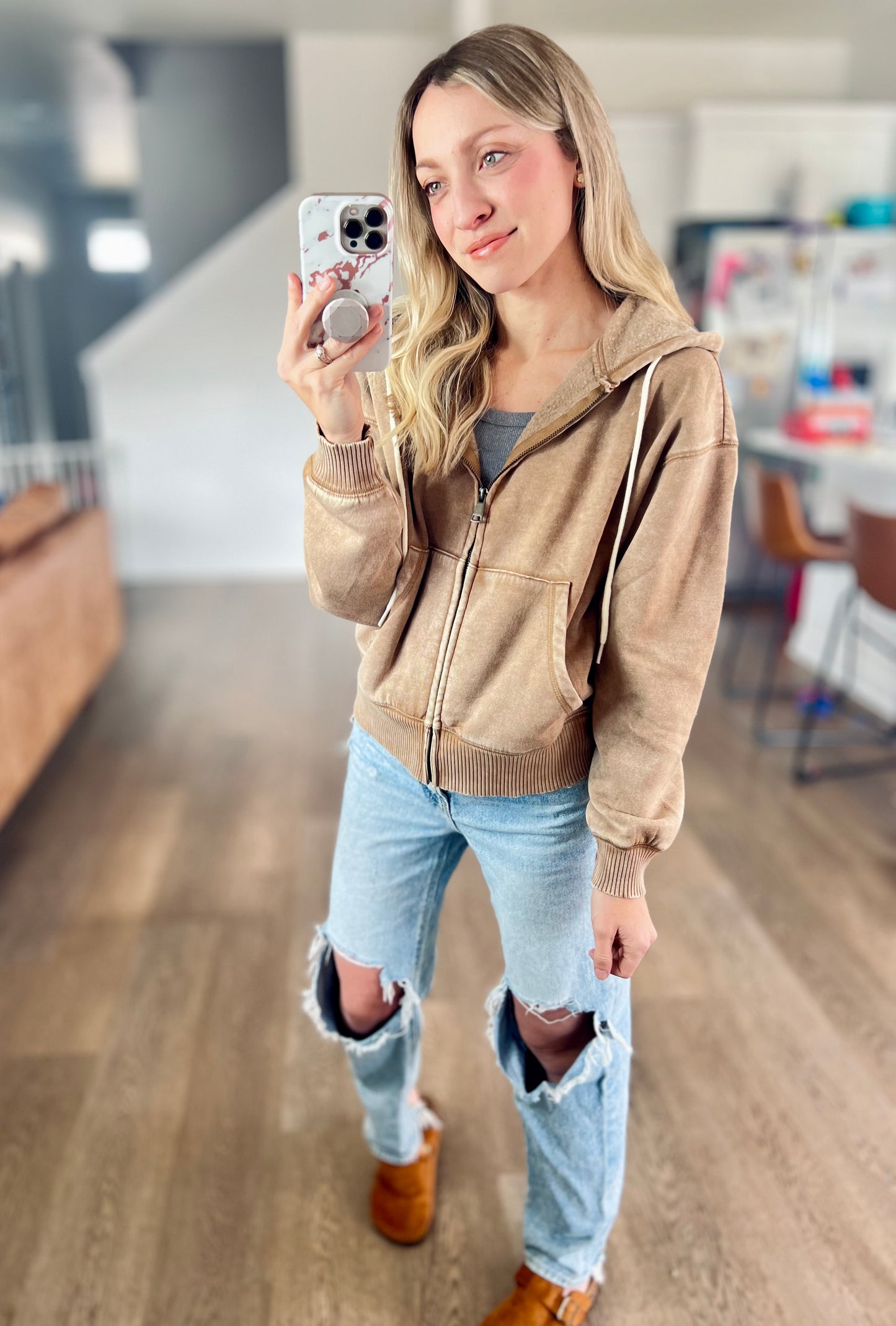 All in the Cozy Vintage Wash Hoodie in Camel