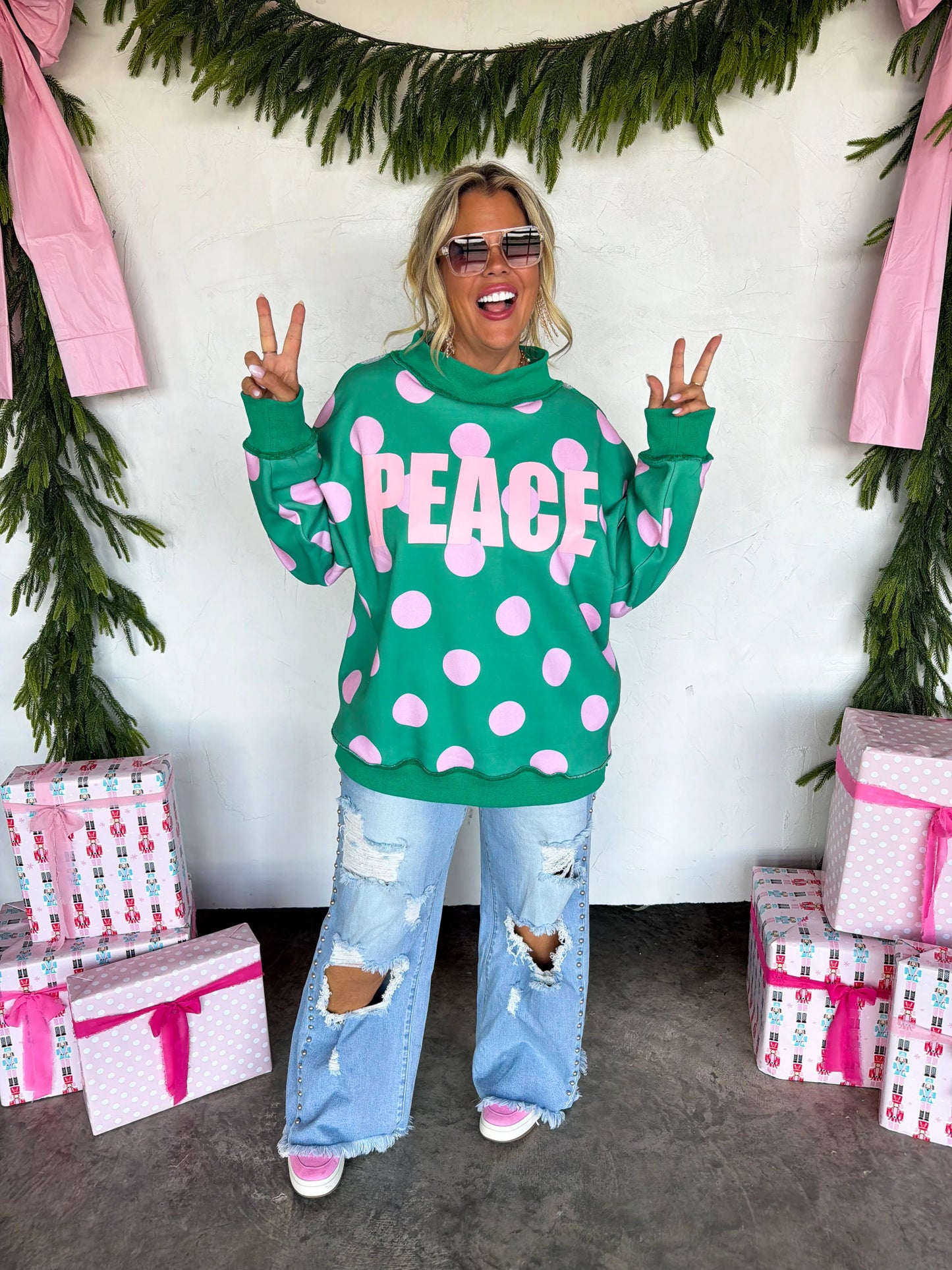PREORDER: Peace & Polka Dot Mock Neck Pullover // ETA October - Early Nov