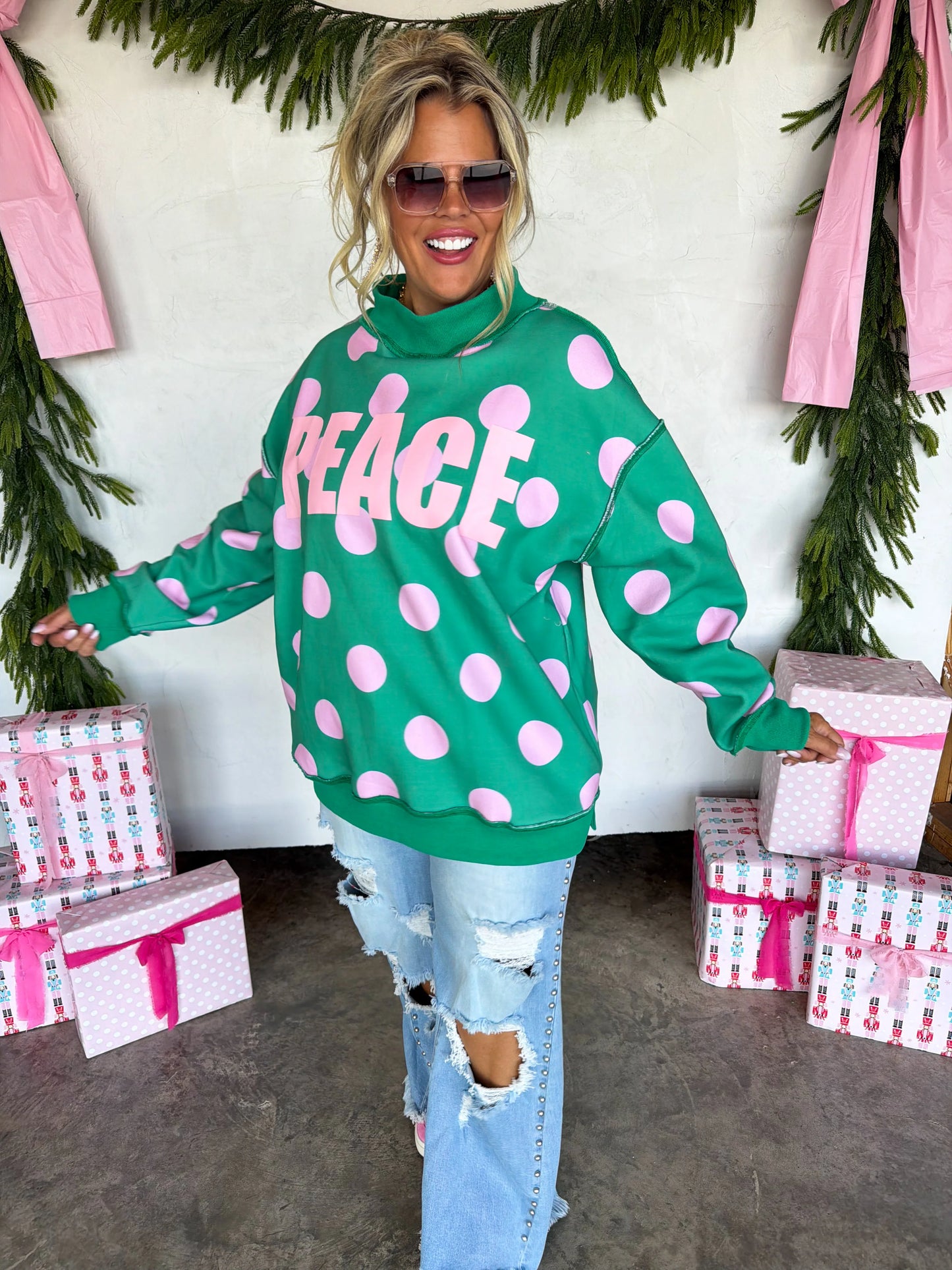 PREORDER: Peace & Polka Dot Mock Neck Pullover // ETA October - Early Nov