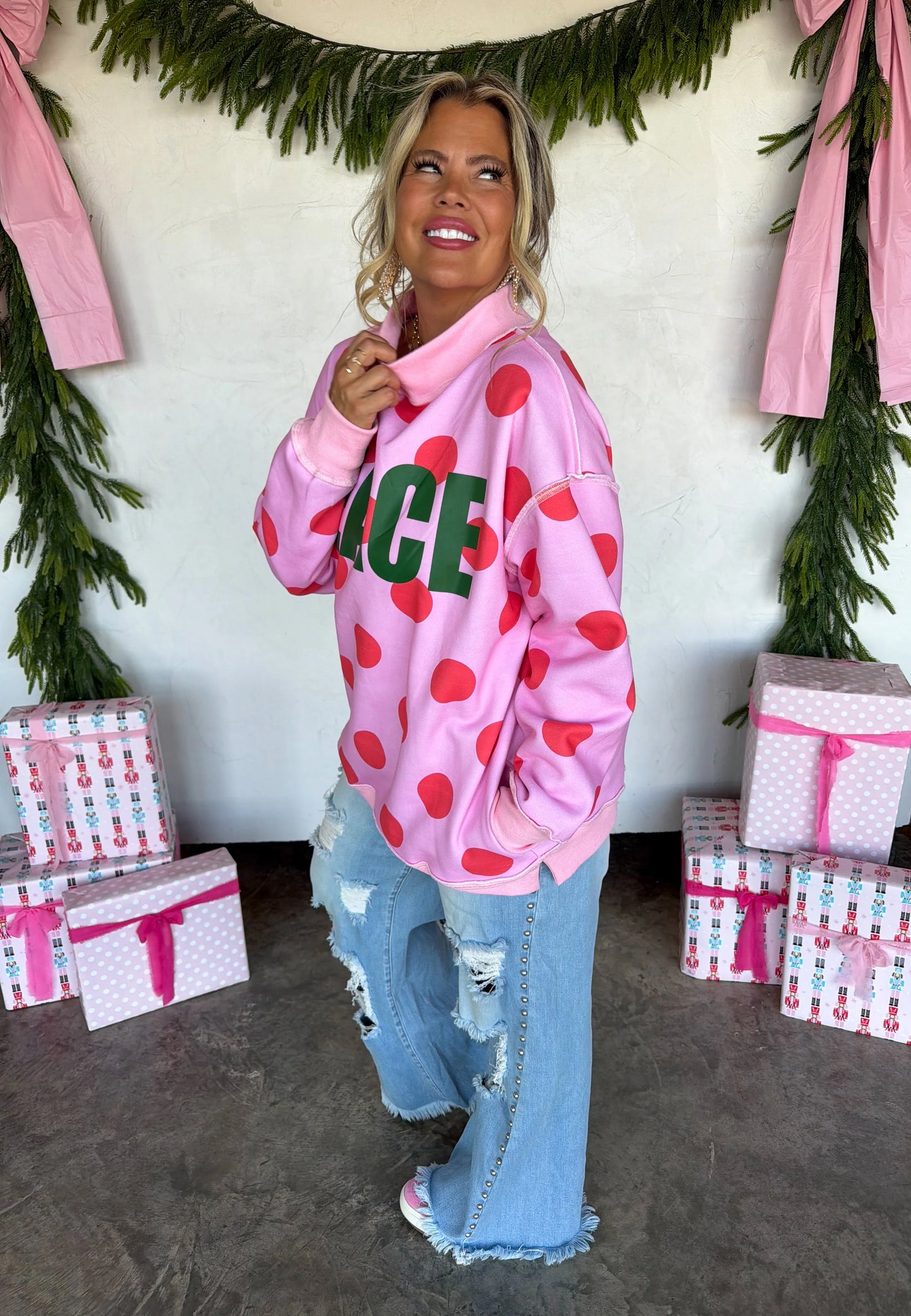 PREORDER: Peace & Polka Dot Mock Neck Pullover // ETA October - Early Nov
