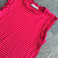 Ribbed Ruffle Trim Sleeveless Stripe Top in Ruby