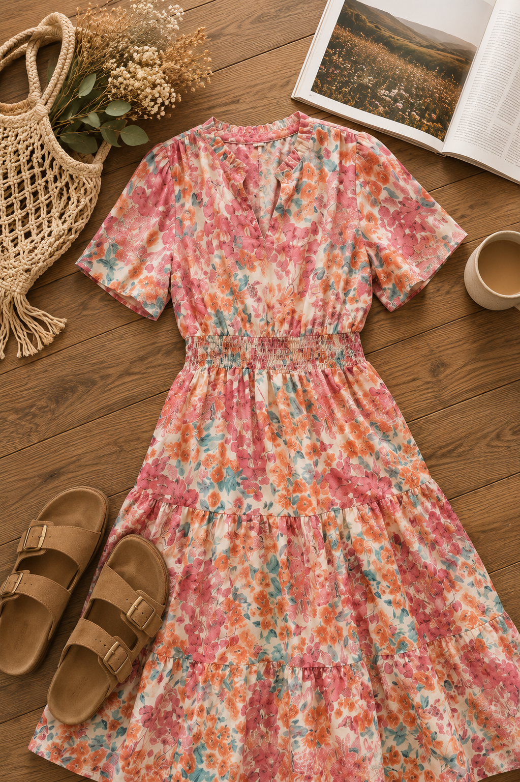 Paint and Sip Floral Tiered Midi Dress