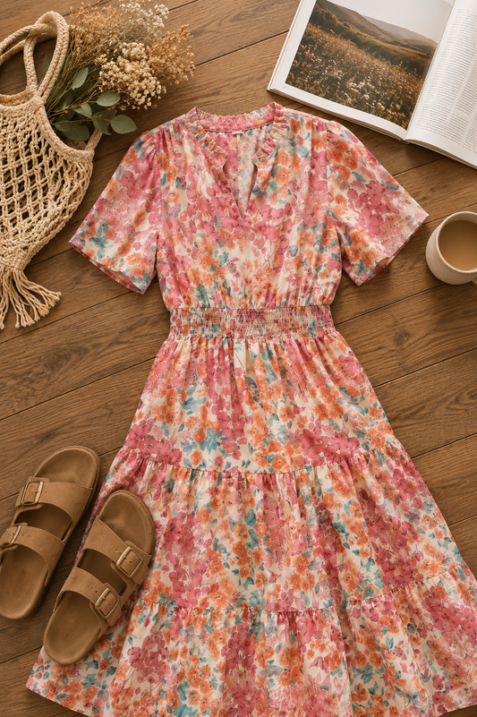 Paint and Sip Floral Tiered Midi Dress