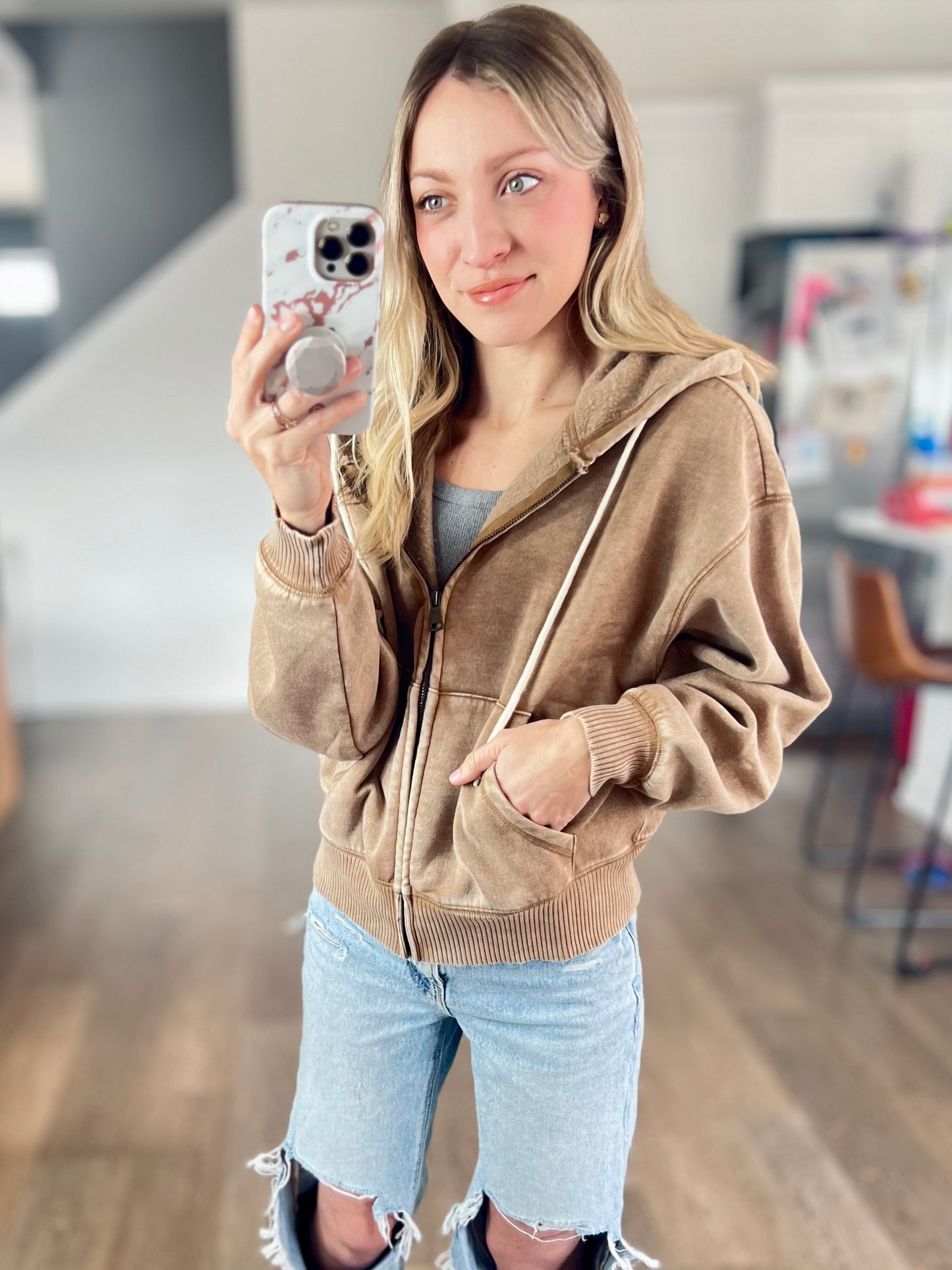 All in the Cozy Vintage Wash Hoodie in Camel