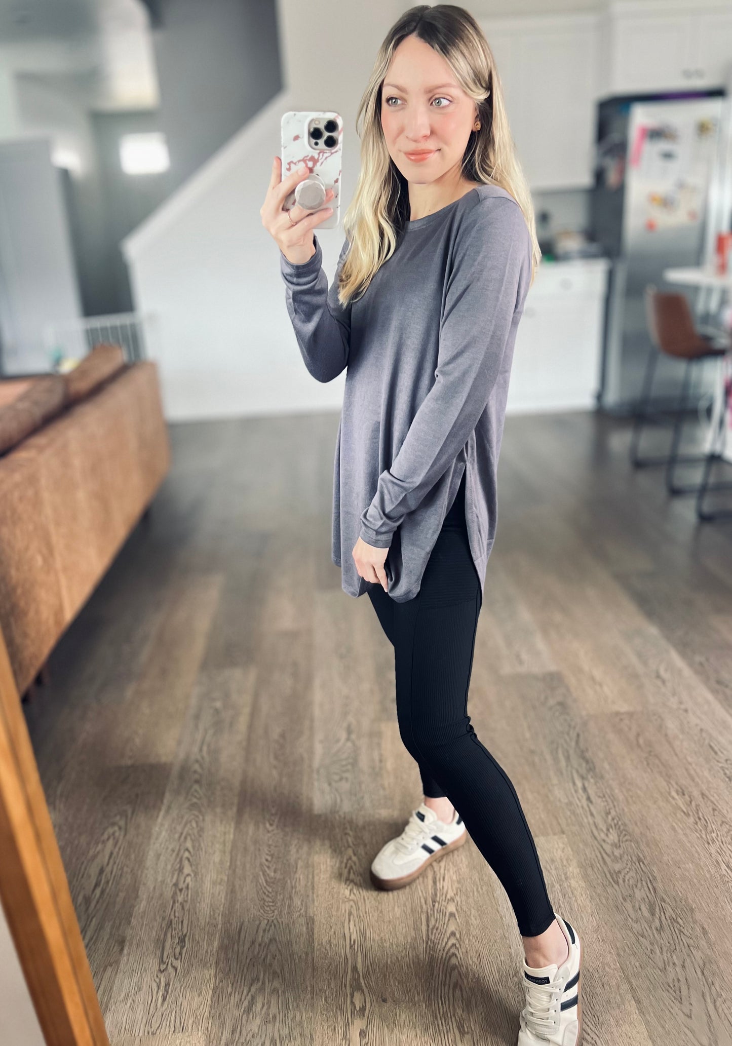 Longline Tulip Hem Top in Dark Stone