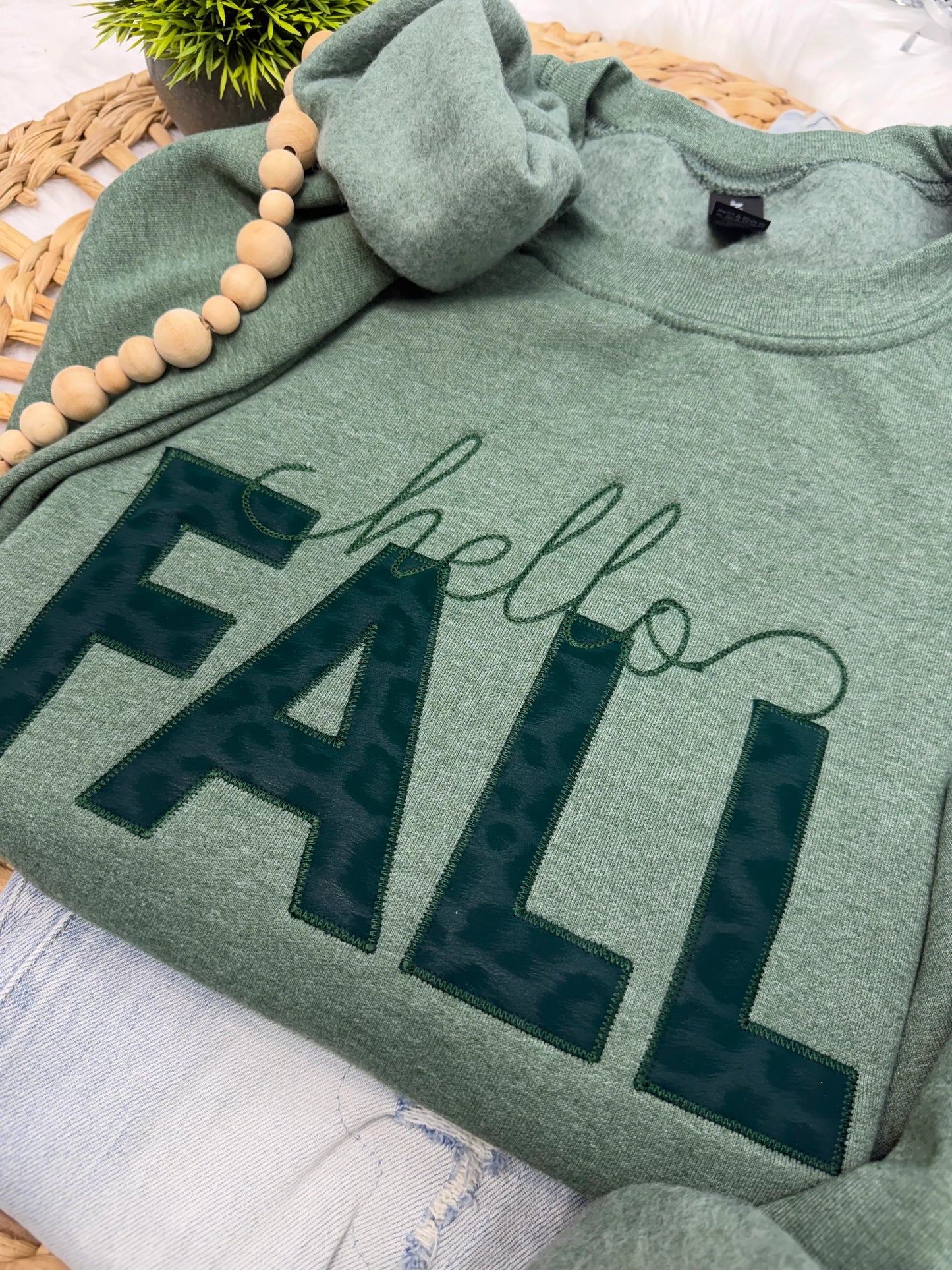 PREORDER: Hello Fall Faux Leather Leopard -EMBROIDERED SWEATSHIRT