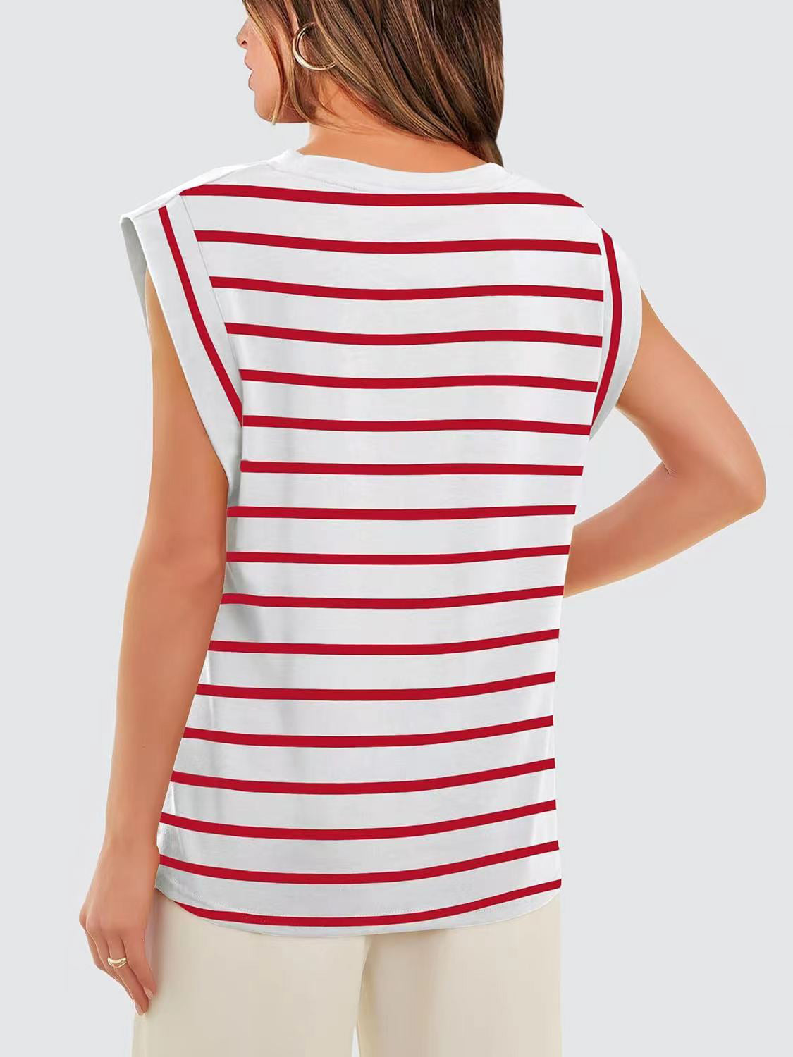Striped Round Neck Cap Sleeve Top
