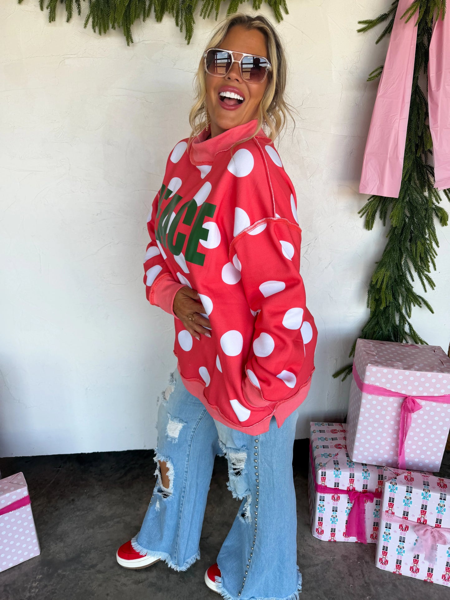 PREORDER: Peace & Polka Dot Mock Neck Pullover // ETA October - Early Nov