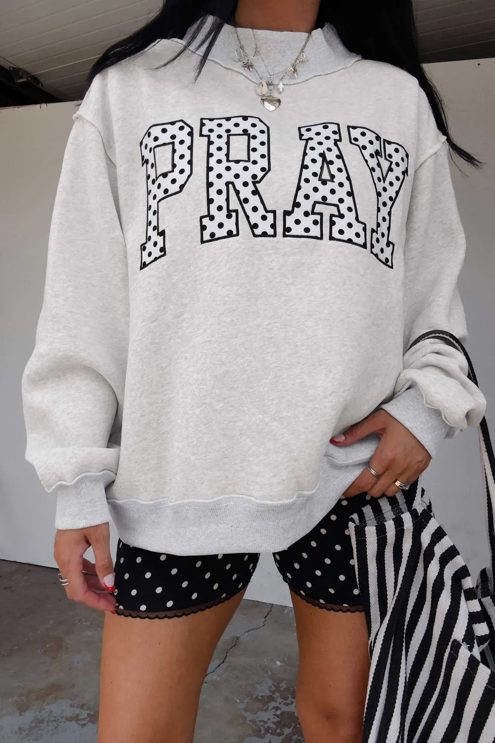 Mock Neck Embroidered Applique PRAY Sweatshirt