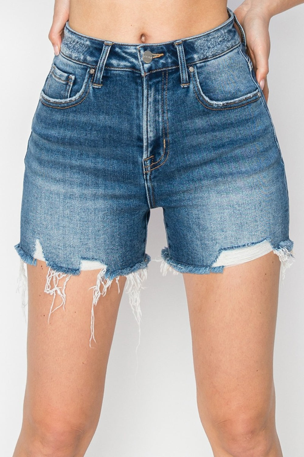 High Rise Raw Hem Distressed Denim Shorts - Risen