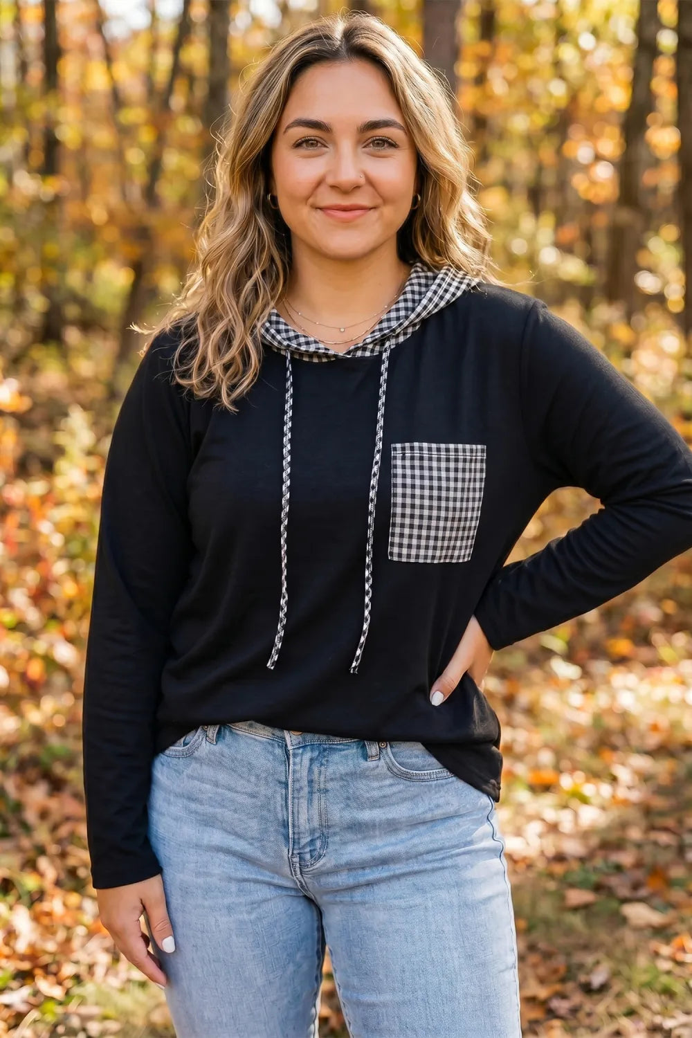 SHIPS FREE TODAY // Black Hooded Gingham Pocket Shirt PLUS SIZE