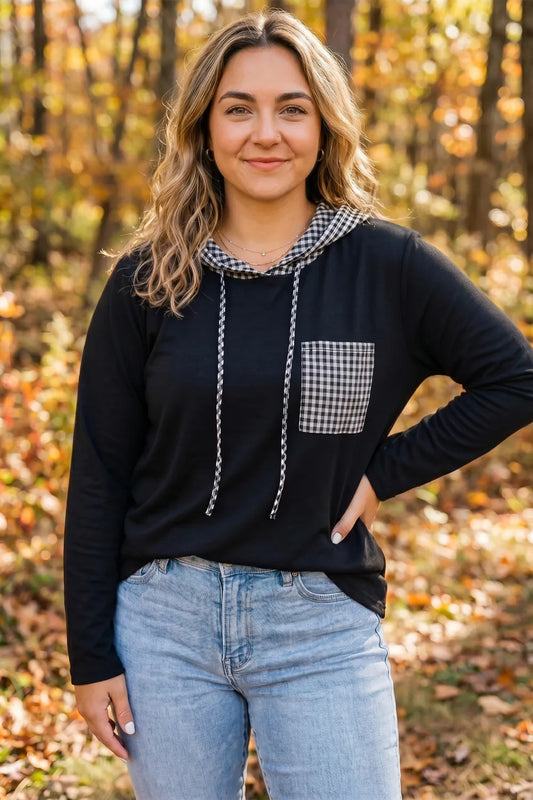 SHIPS FREE TODAY // Black Hooded Gingham Pocket Shirt PLUS SIZE