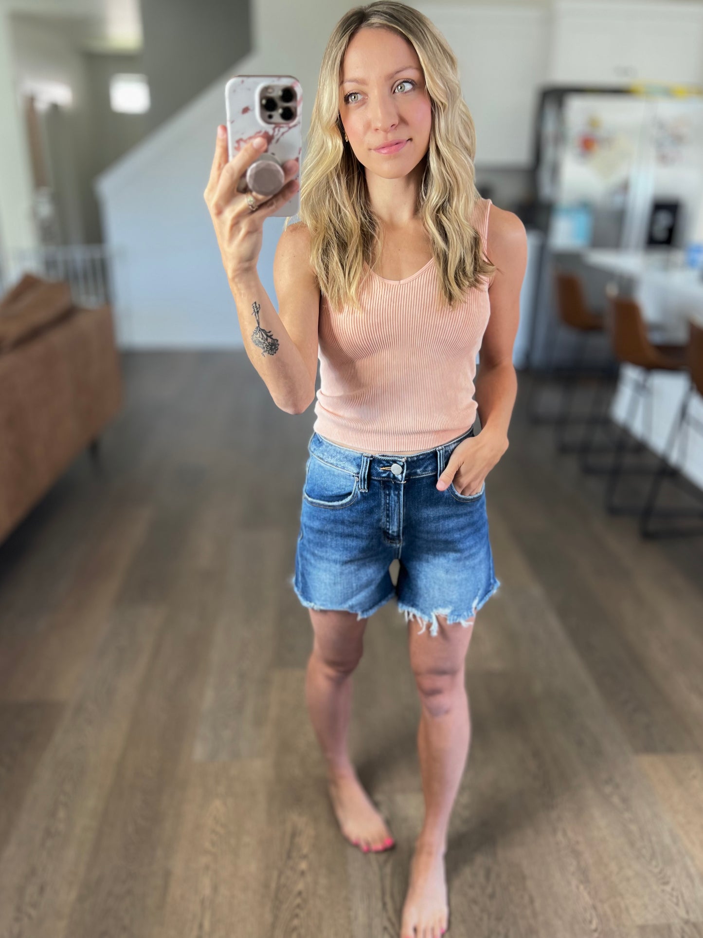 High Rise Raw Hem Distressed Denim Shorts - Risen