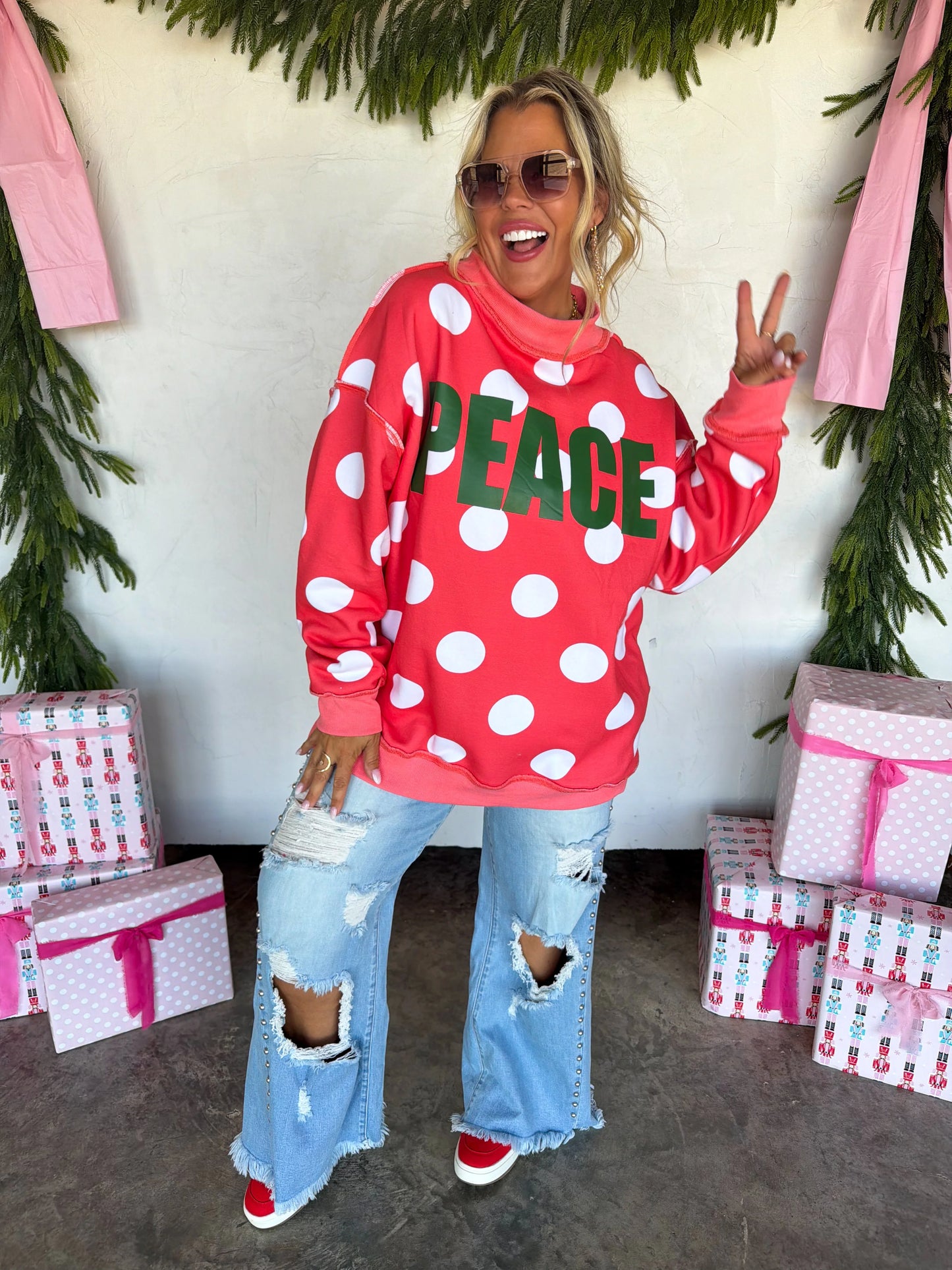 PREORDER: Peace & Polka Dot Mock Neck Pullover // ETA October - Early Nov