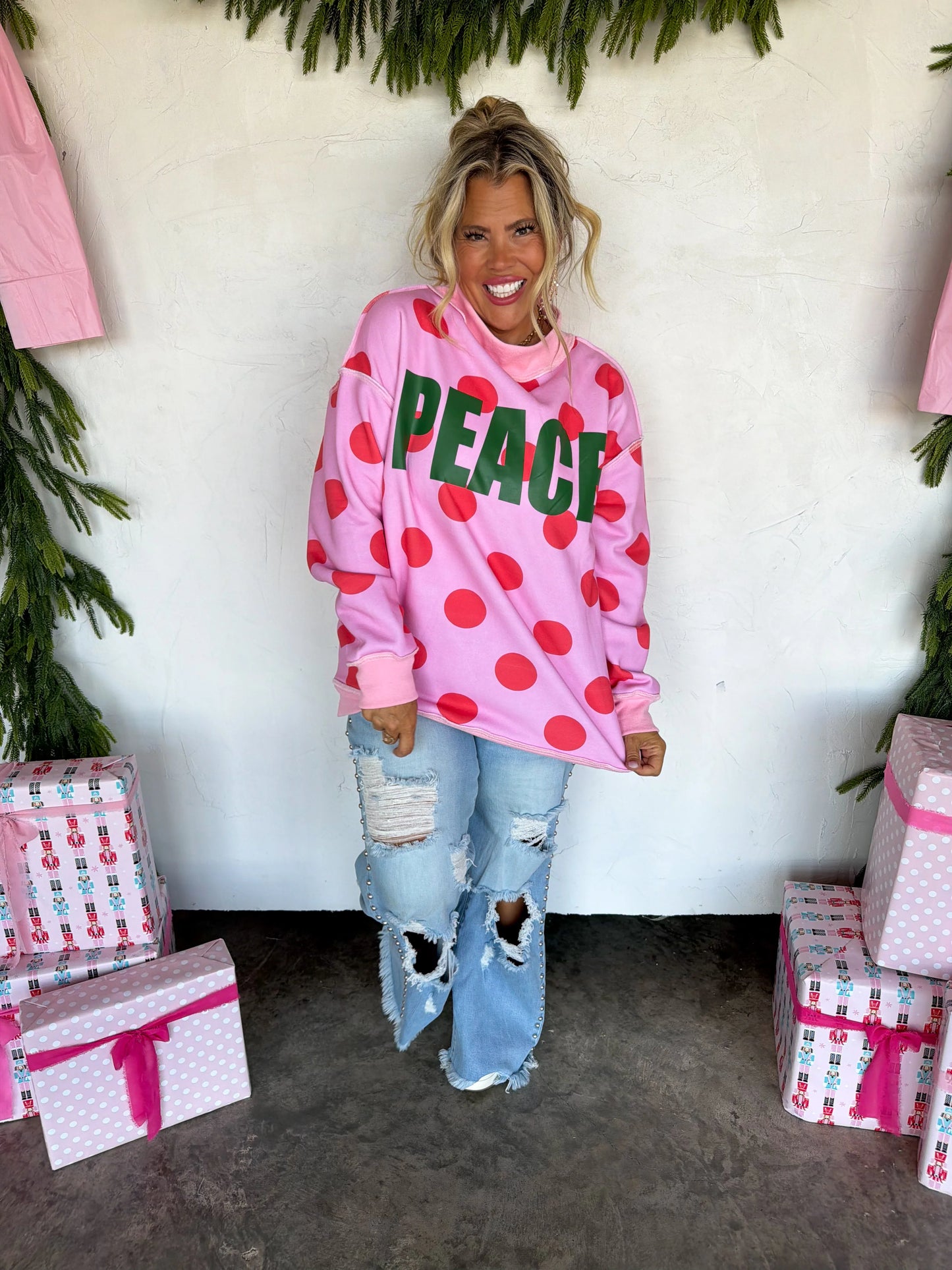 PREORDER: Peace & Polka Dot Mock Neck Pullover // ETA October - Early Nov
