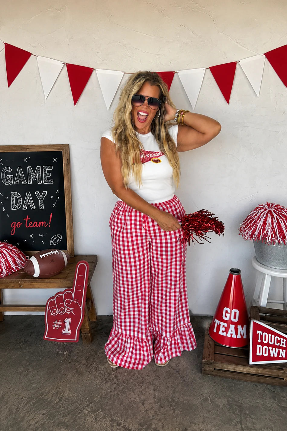 PREORDER: Red Gingham Wide Leg and Ruffle Pant  // eta September
