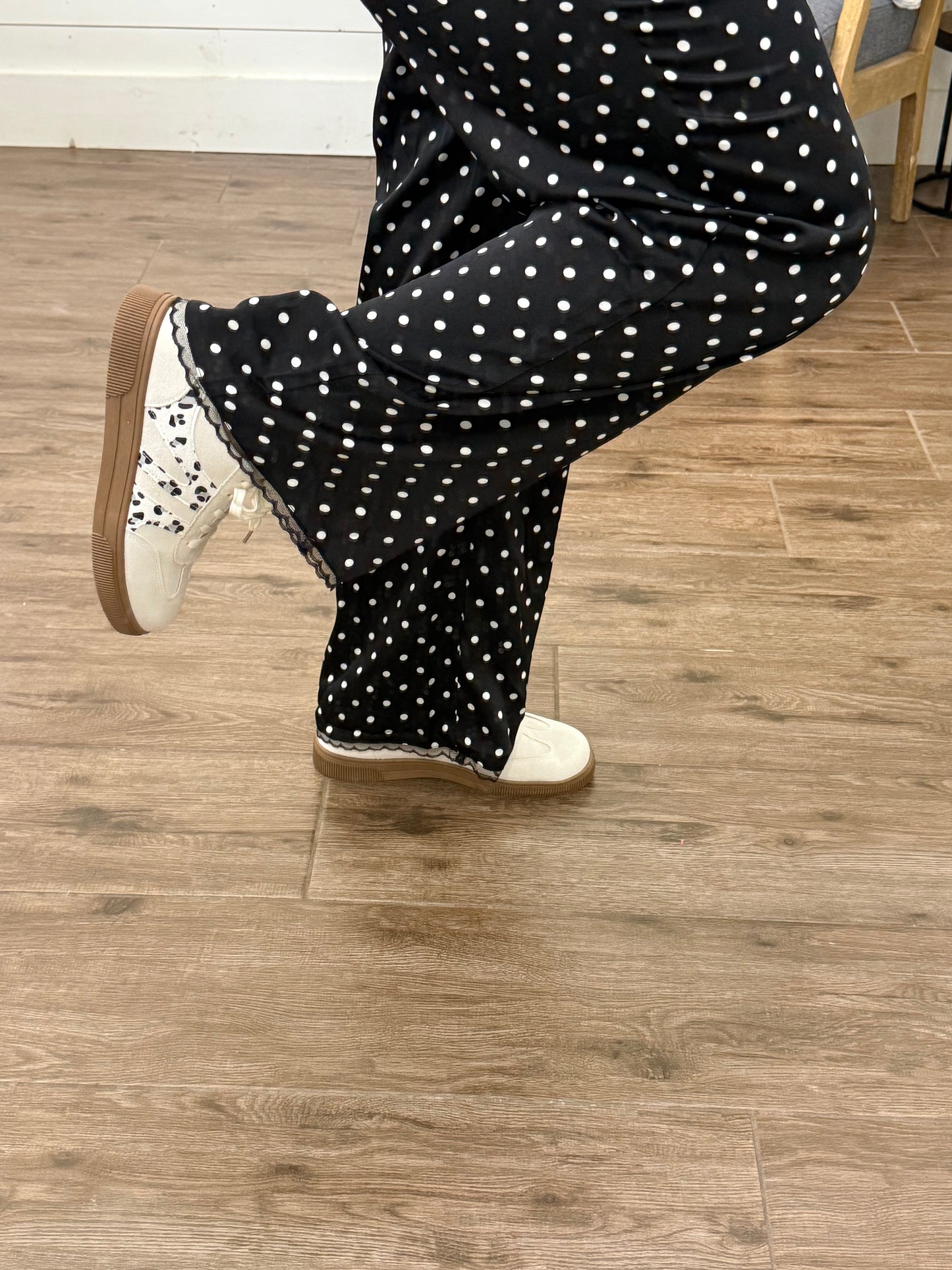 SHIPS FREE TODAY // Black and White Polka Dot Lace Hem Loose Pants