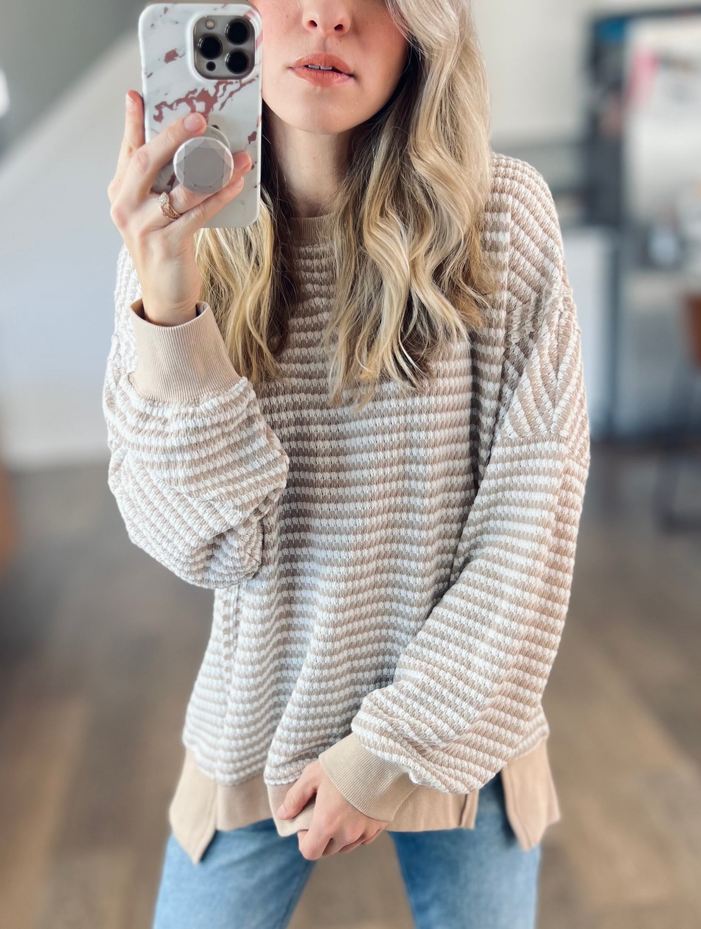 Relaxing Khaki Stripe Waffle Top