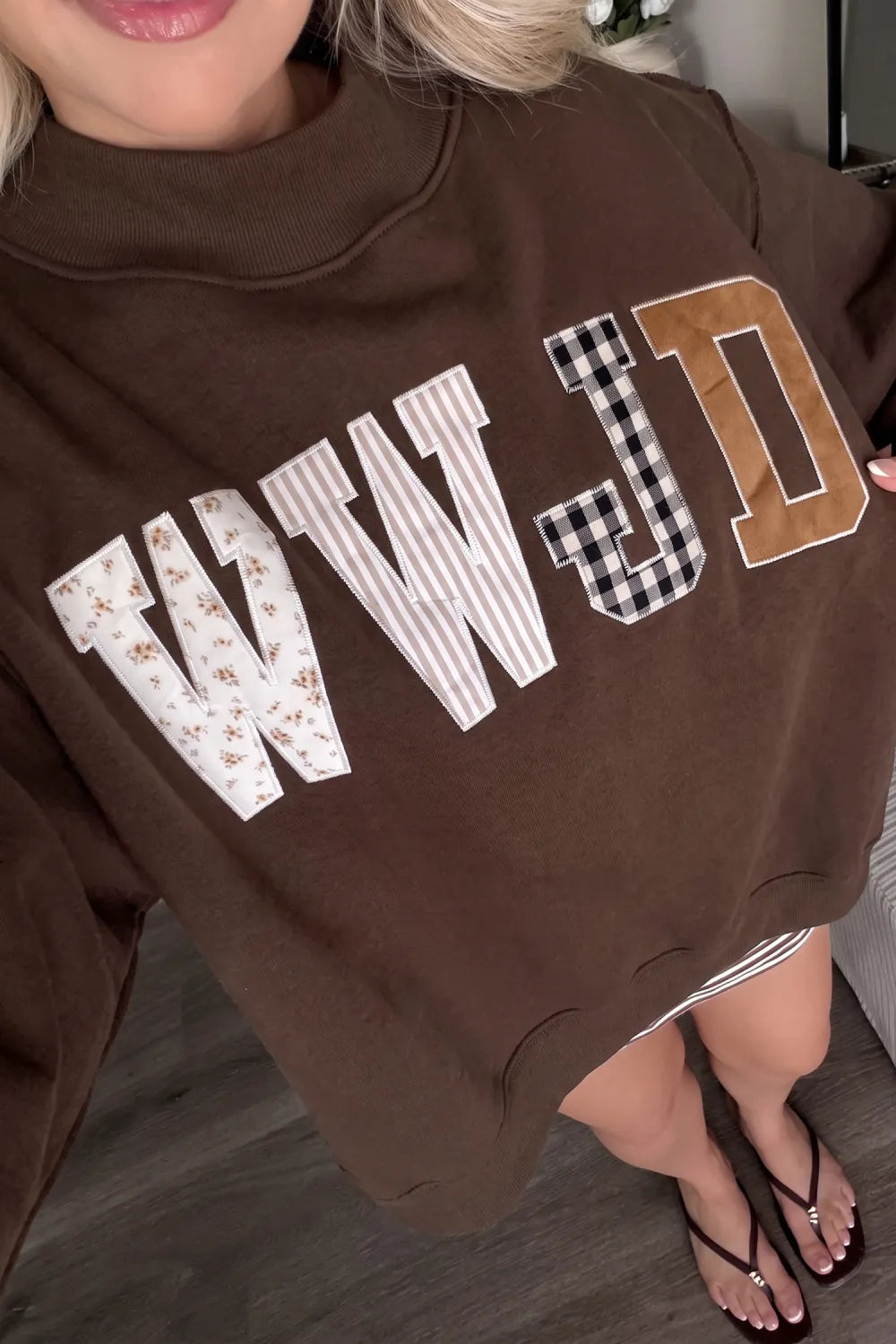 SHIPS FREE TODAY // WWJD Mixed Pattern Embroidered Mock Neck Sweatshirt - Pink OR Brown