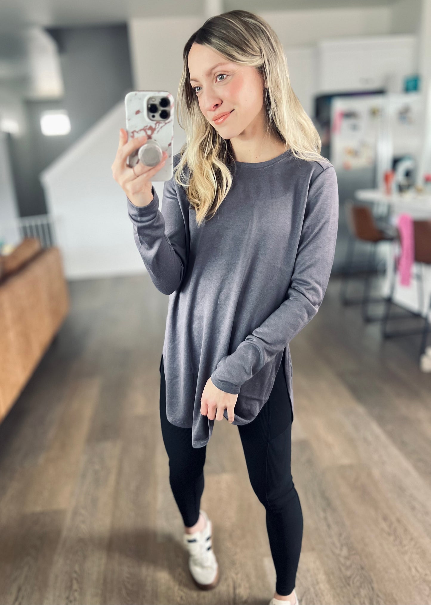 Longline Tulip Hem Top in Dark Stone