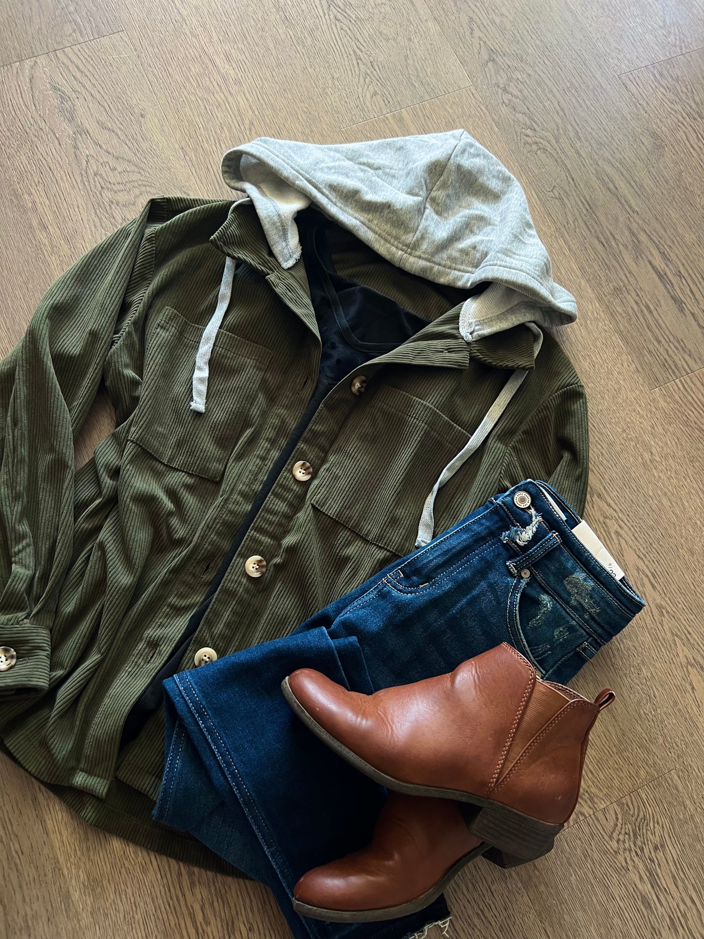 Cord Drawstring Button Up Hooded Shacket