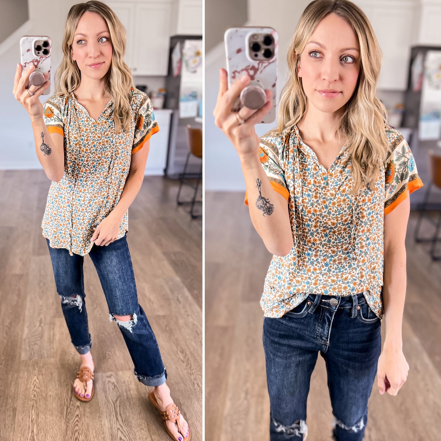 Zen Printed Tie Neck Blouse