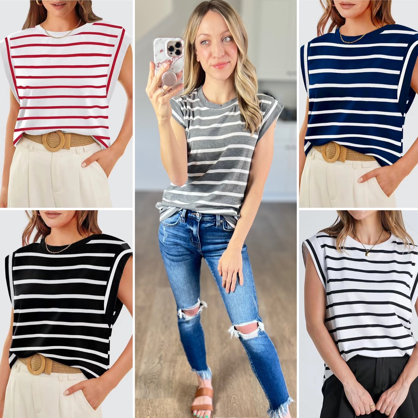 Striped Round Neck Cap Sleeve Top
