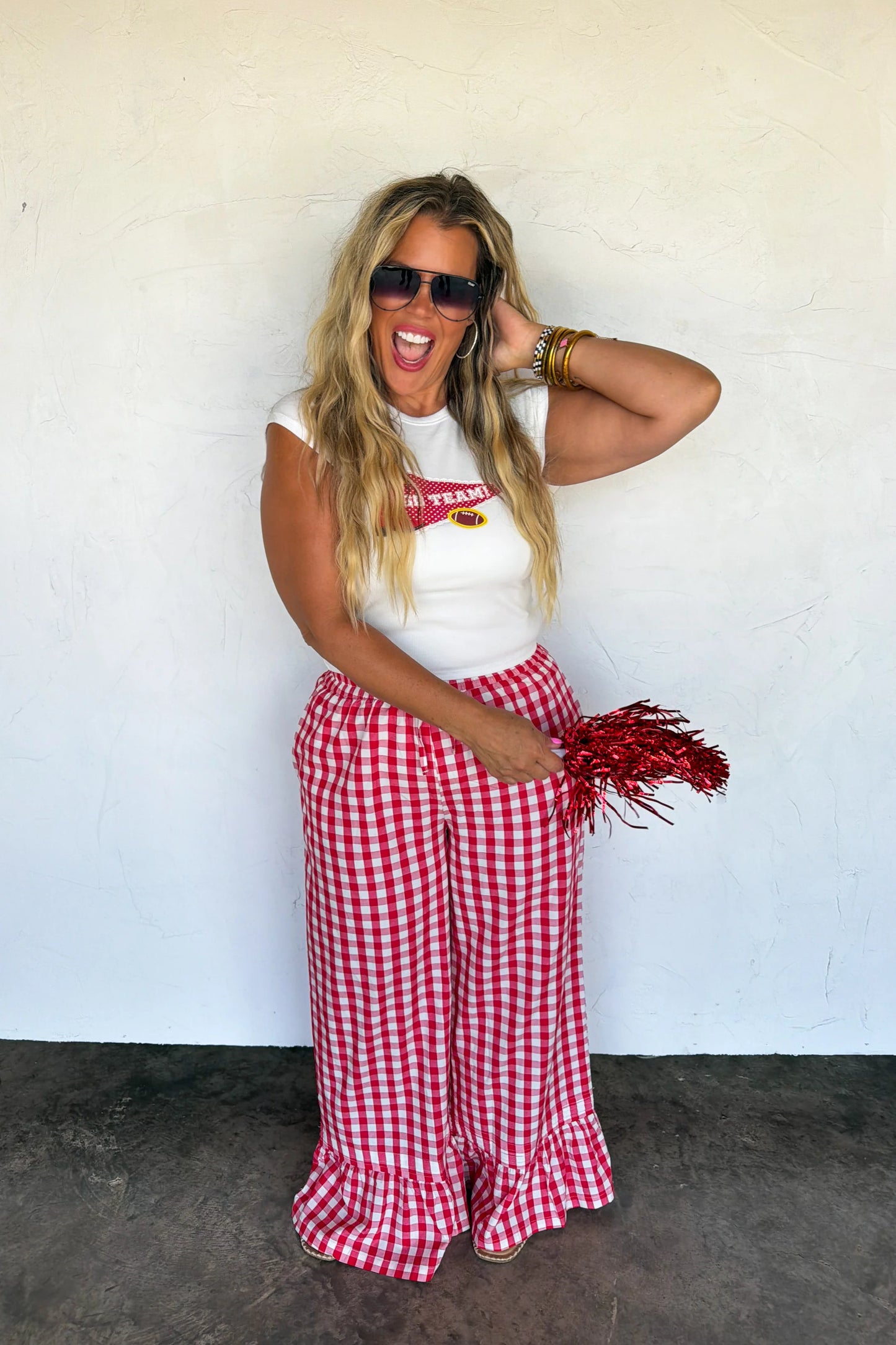 PREORDER: Red Gingham Wide Leg and Ruffle Pant  // eta September