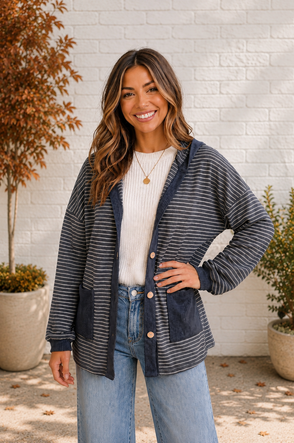 Crafting Corner Stripe Button Front Hoodie