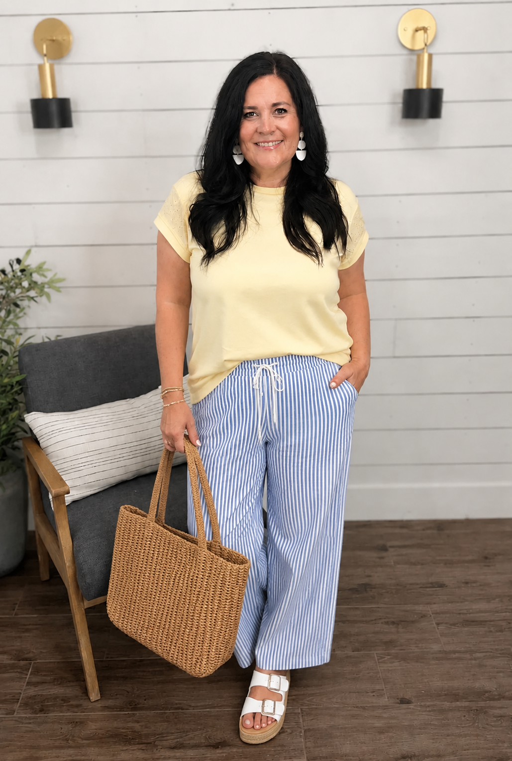 Blue Stripe Drawstring Ankle Pants