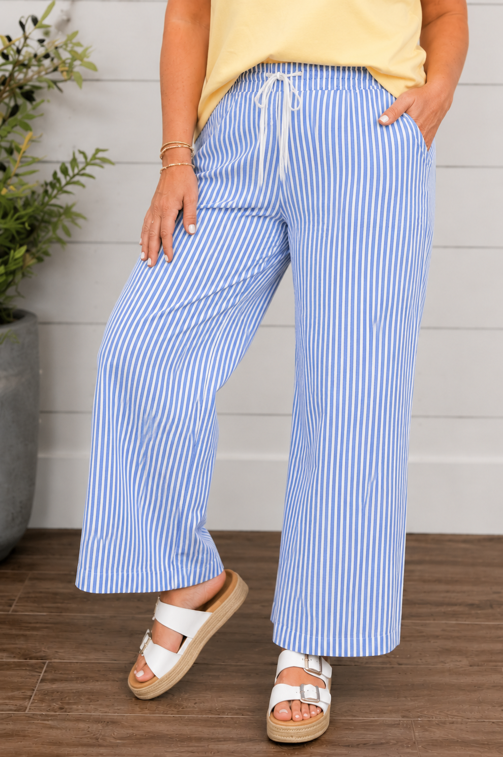 Blue Stripe Drawstring Ankle Pants