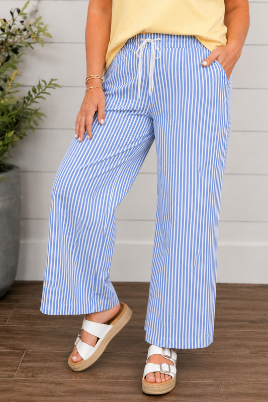 Blue Stripe Drawstring Ankle Pants