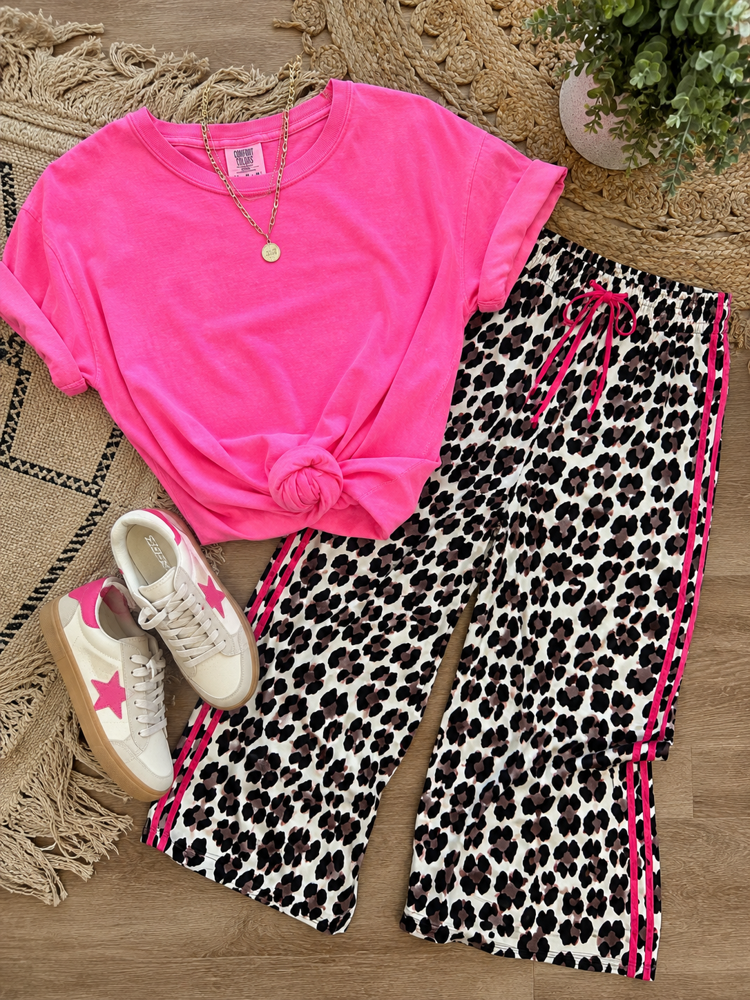 *free ship today* // Pink Striped Detail Tie Waist Leopard Print Casual Pants