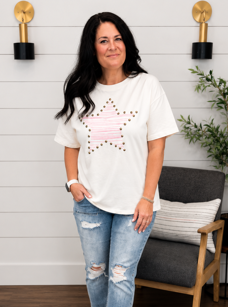 *free ship today* // Pink Studded Detail Star Cotton Top
