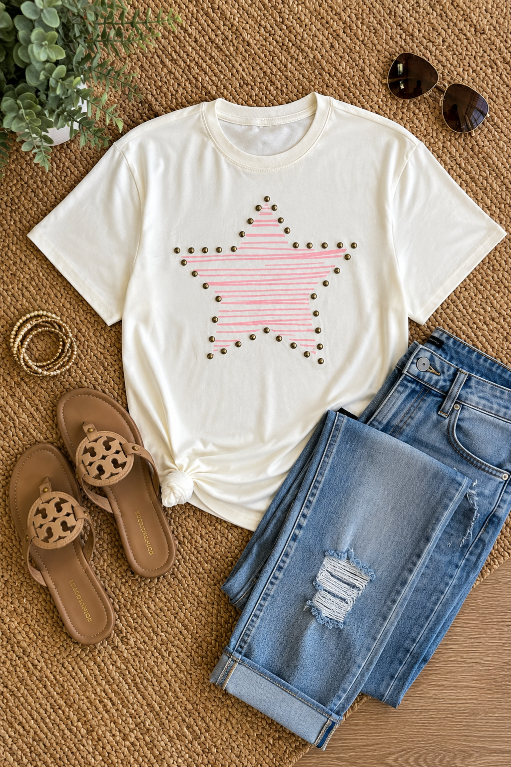 *free ship today* // Pink Studded Detail Star Cotton Top