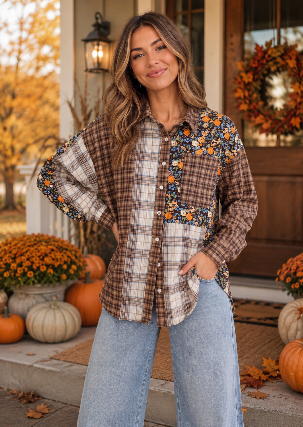 Patchwork Plaid Mixed Media Button Down Shirt