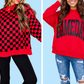 Red Checkered Print High Neck Baggy Sweatshirt