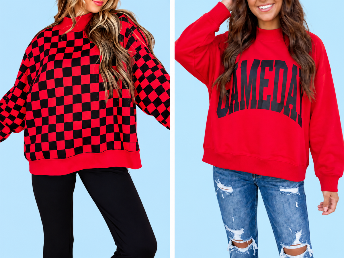 Red Checkered Print High Neck Baggy Sweatshirt