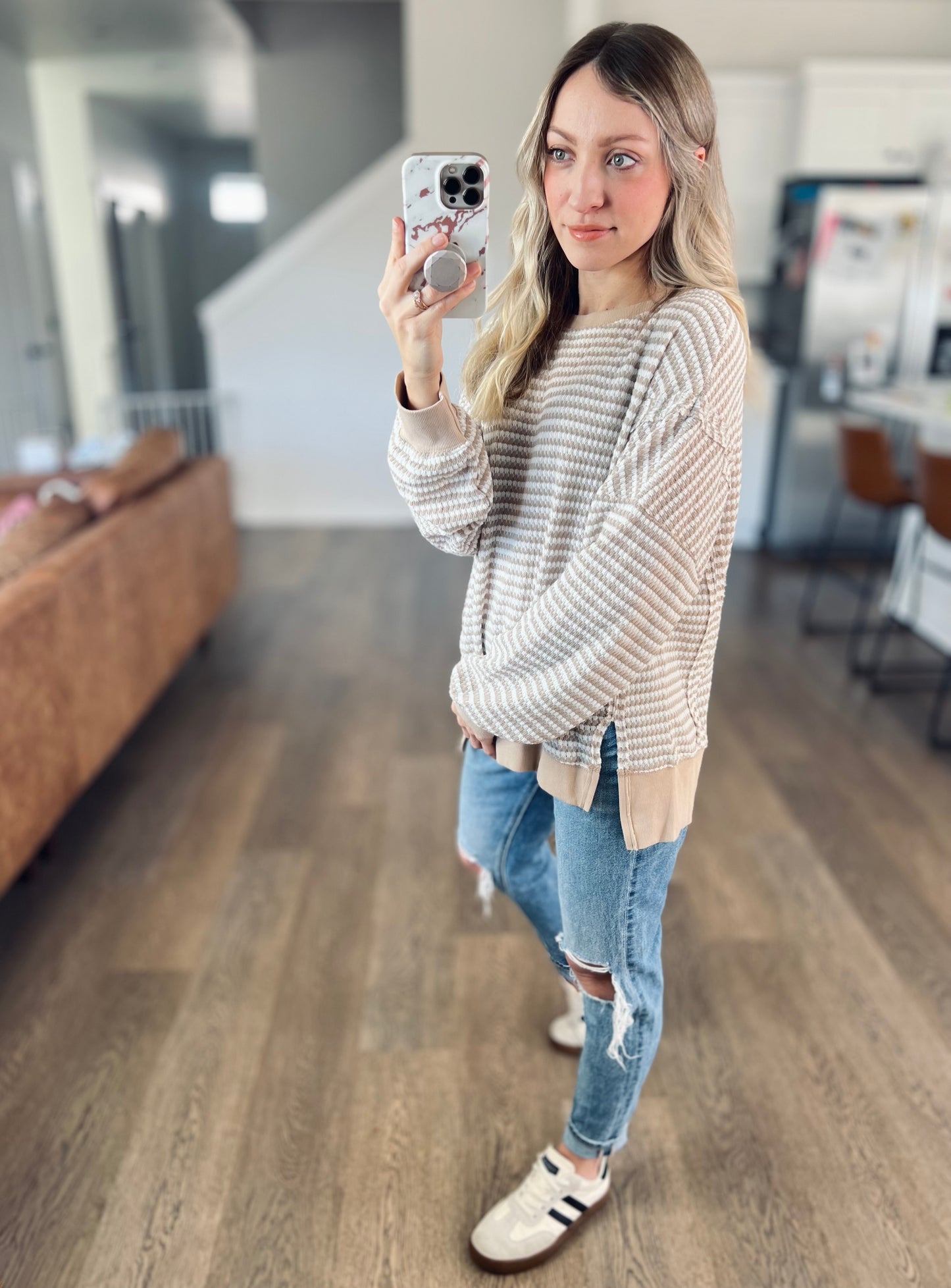 Relaxing Khaki Stripe Waffle Top
