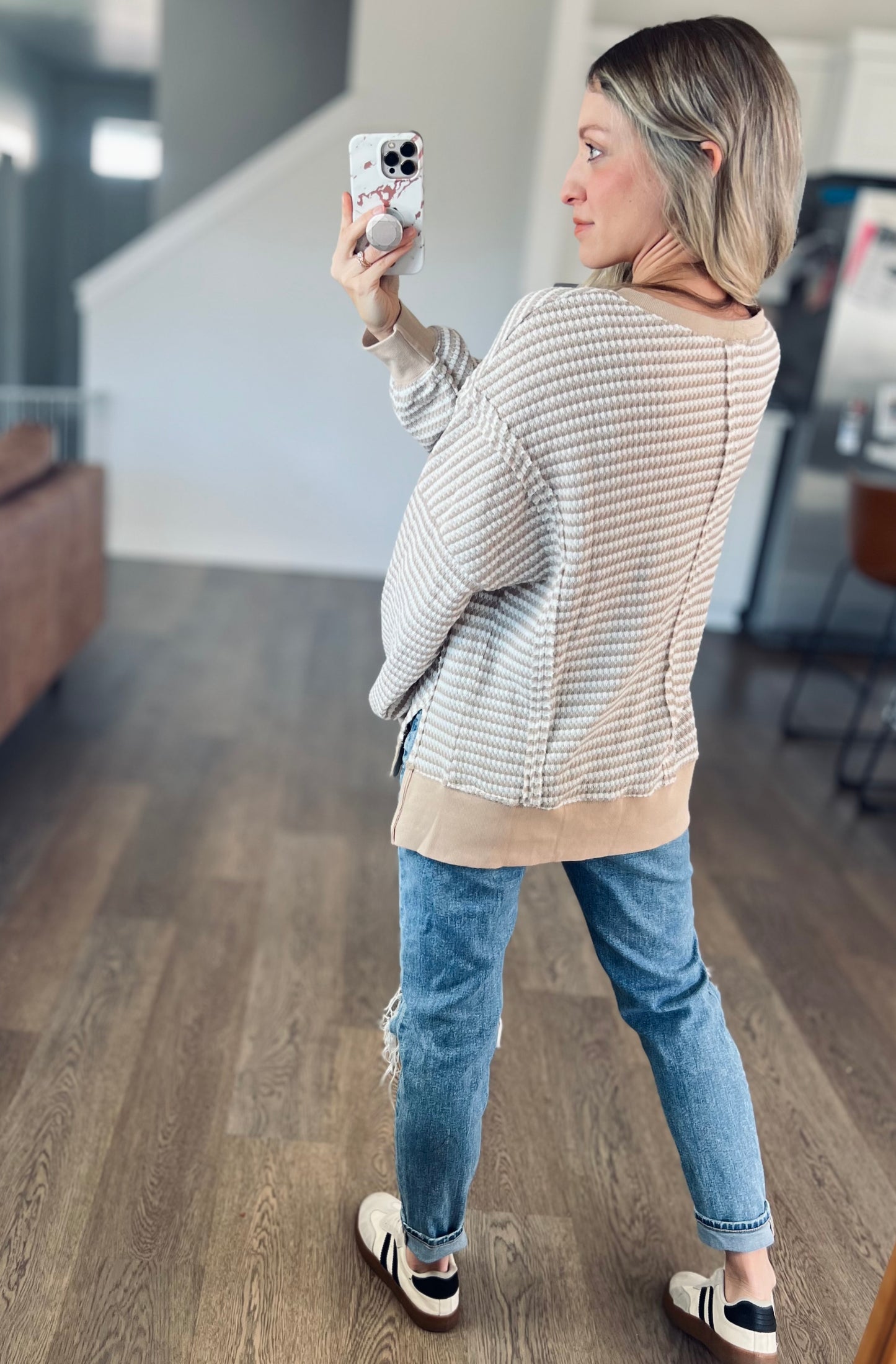 Relaxing Khaki Stripe Waffle Top