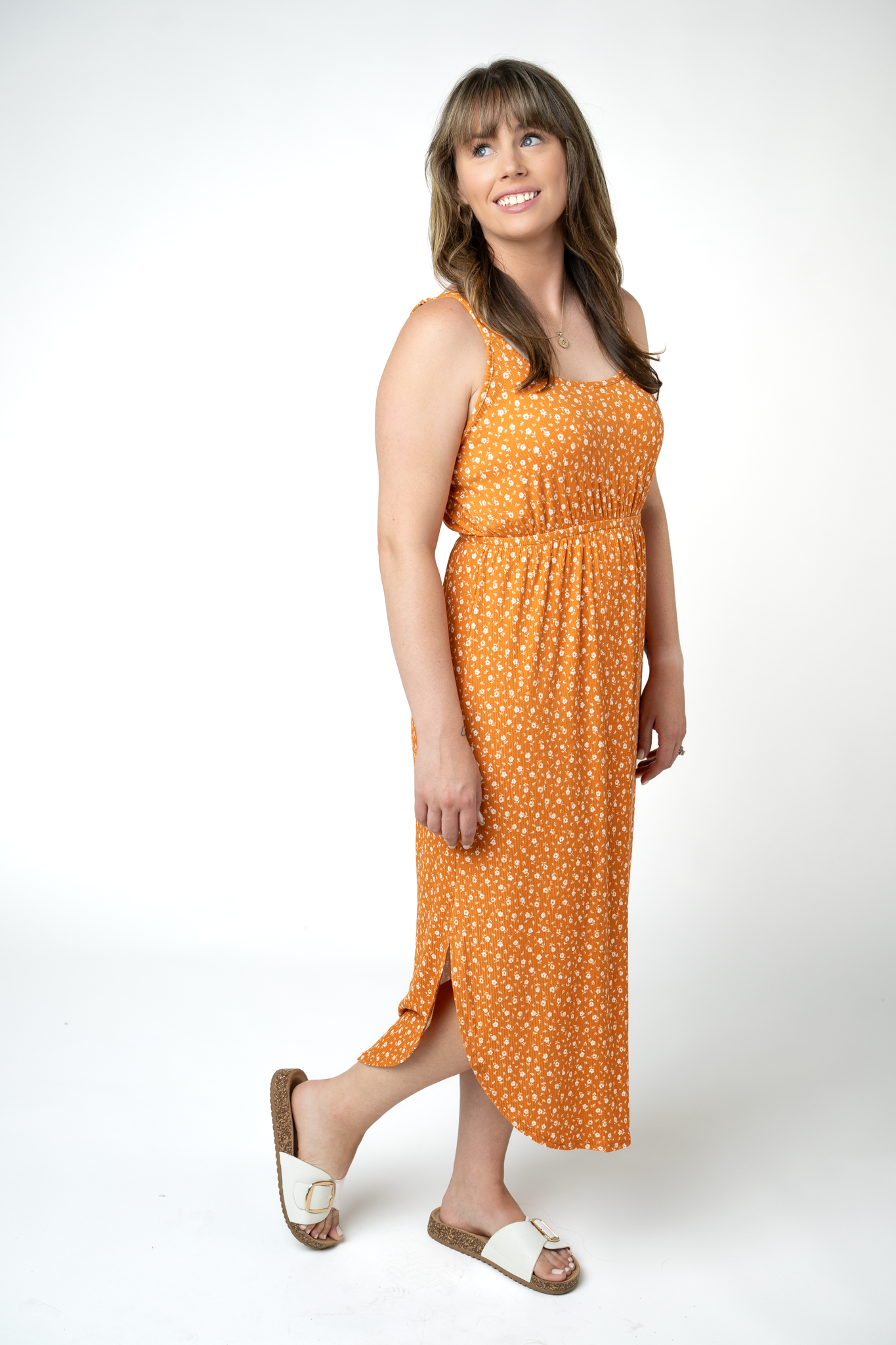 Reagan Ribbed Midi Dress - Pumpkin Floral