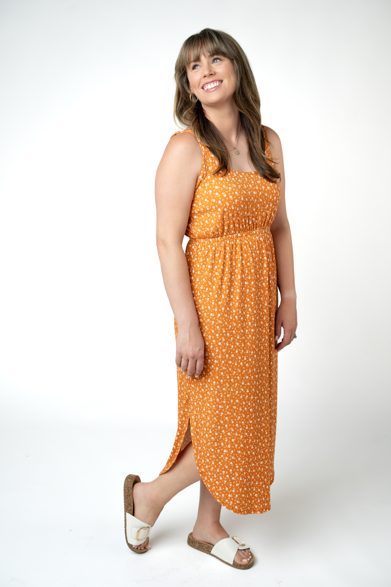 Reagan Ribbed Midi Dress - Pumpkin Floral