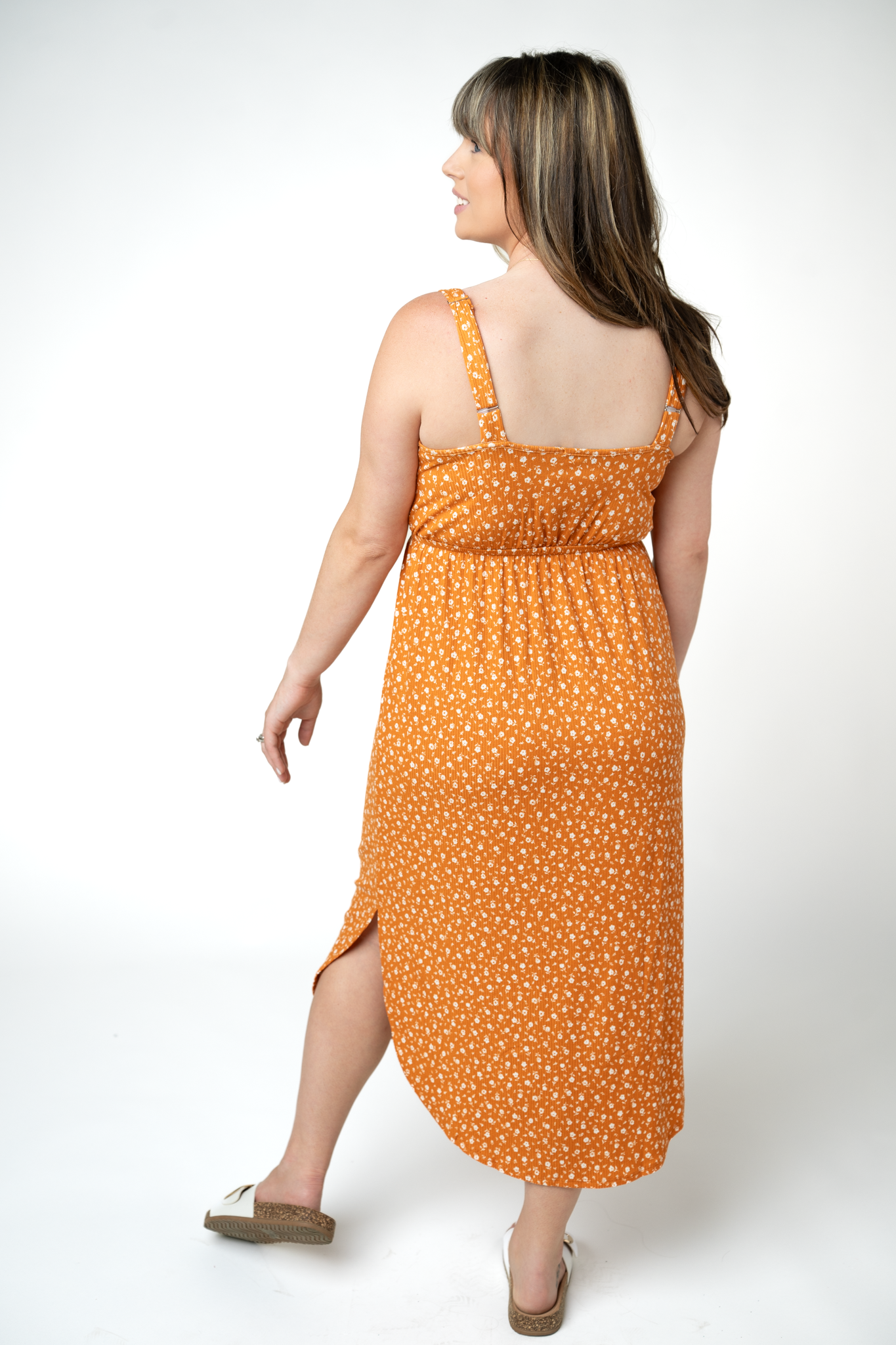 Reagan Ribbed Midi Dress - Pumpkin Floral