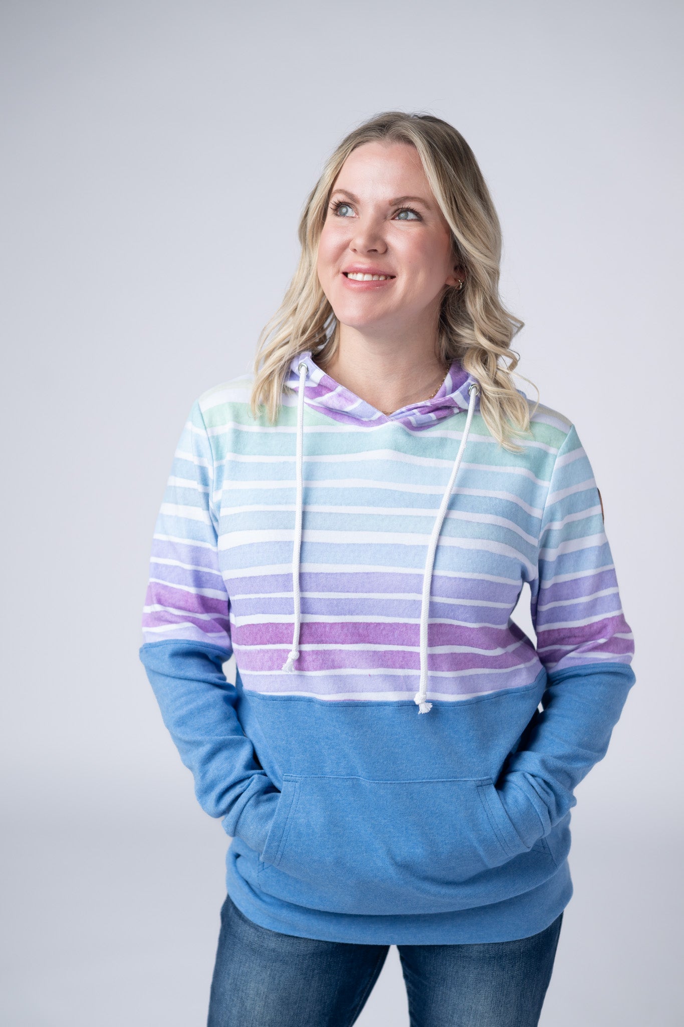 Hailey Pullover Hoodie - Rainbow Stripes and Blue