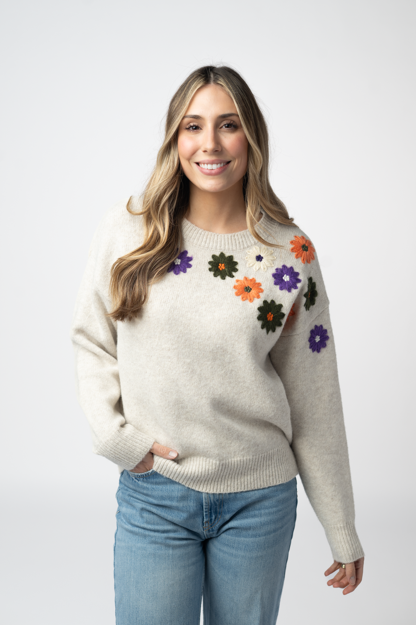 Fall Floral Sweater - Beige