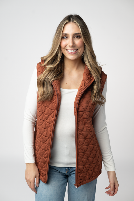 Heather Geometric Hooded Vest - Rust