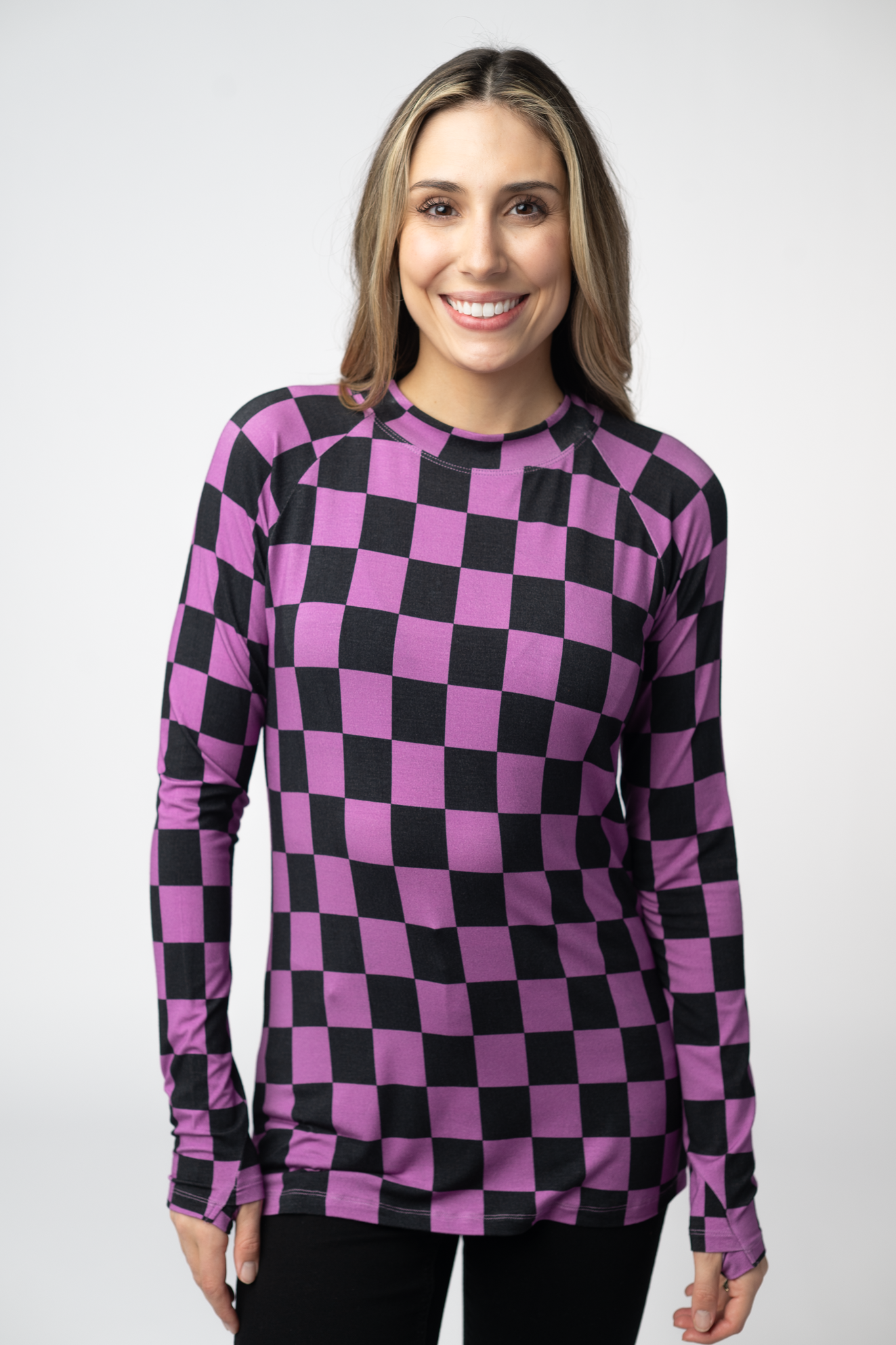 IN STOCK Blair Long Sleeve Top - Black and Purple Checkers
