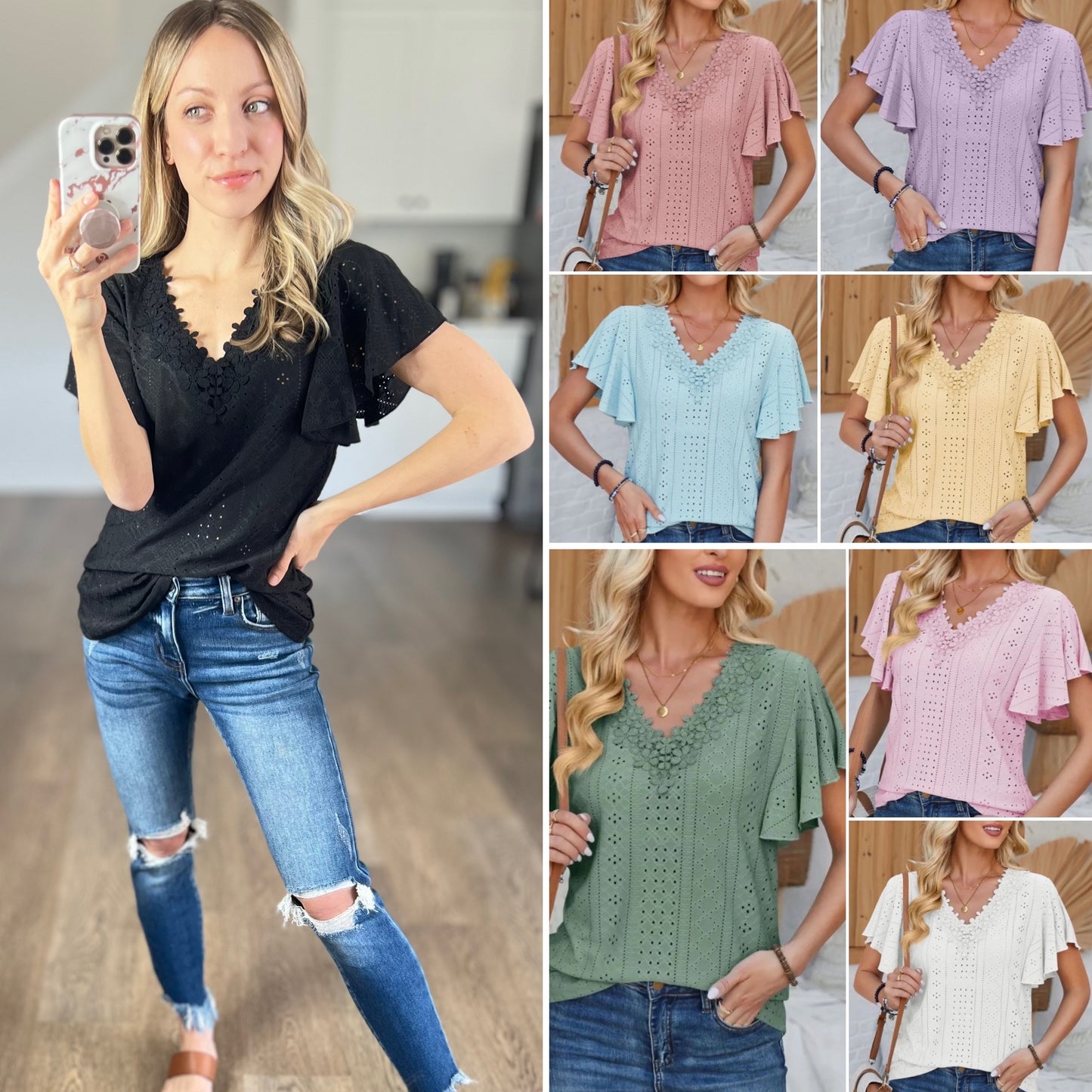 Amy Eyelet Flutter Sleeve Top